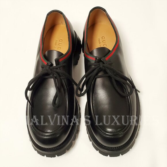 GUCCI SHOES MENS JASPER WEB TRIM LACE-UP BLACK LEATHER DERBY sz 9 / US 9.5 - Picture 6 of 14